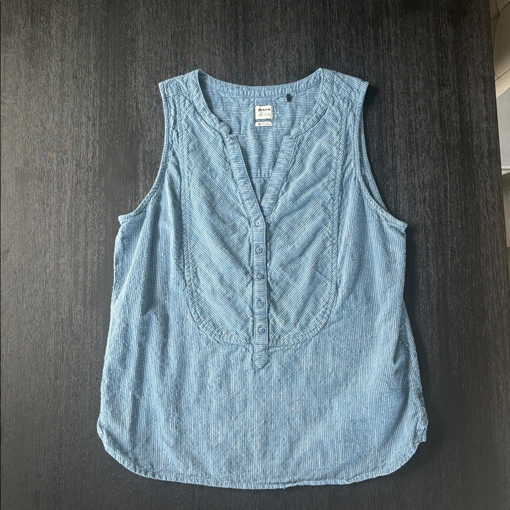 Prana Blue Striped Sleeveless Button-Front Top